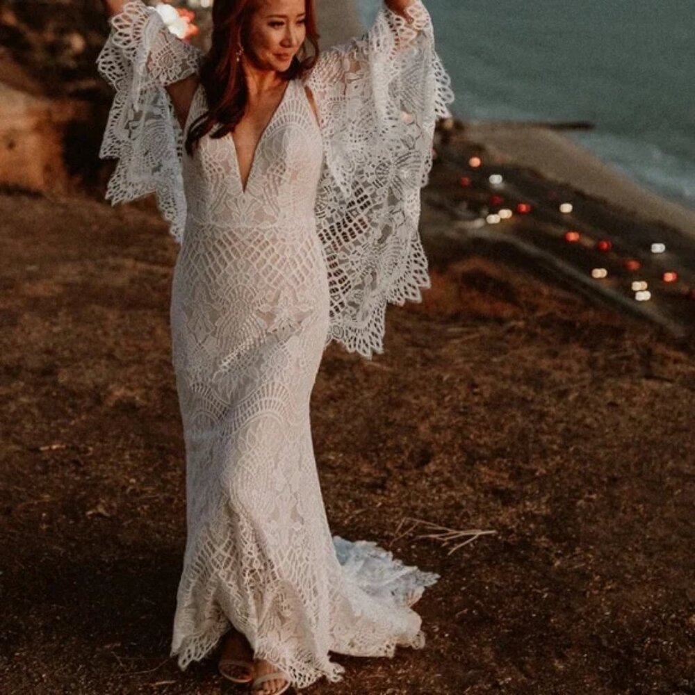 Brand New Bohemian Lace Cape Wedding Dress with Train
